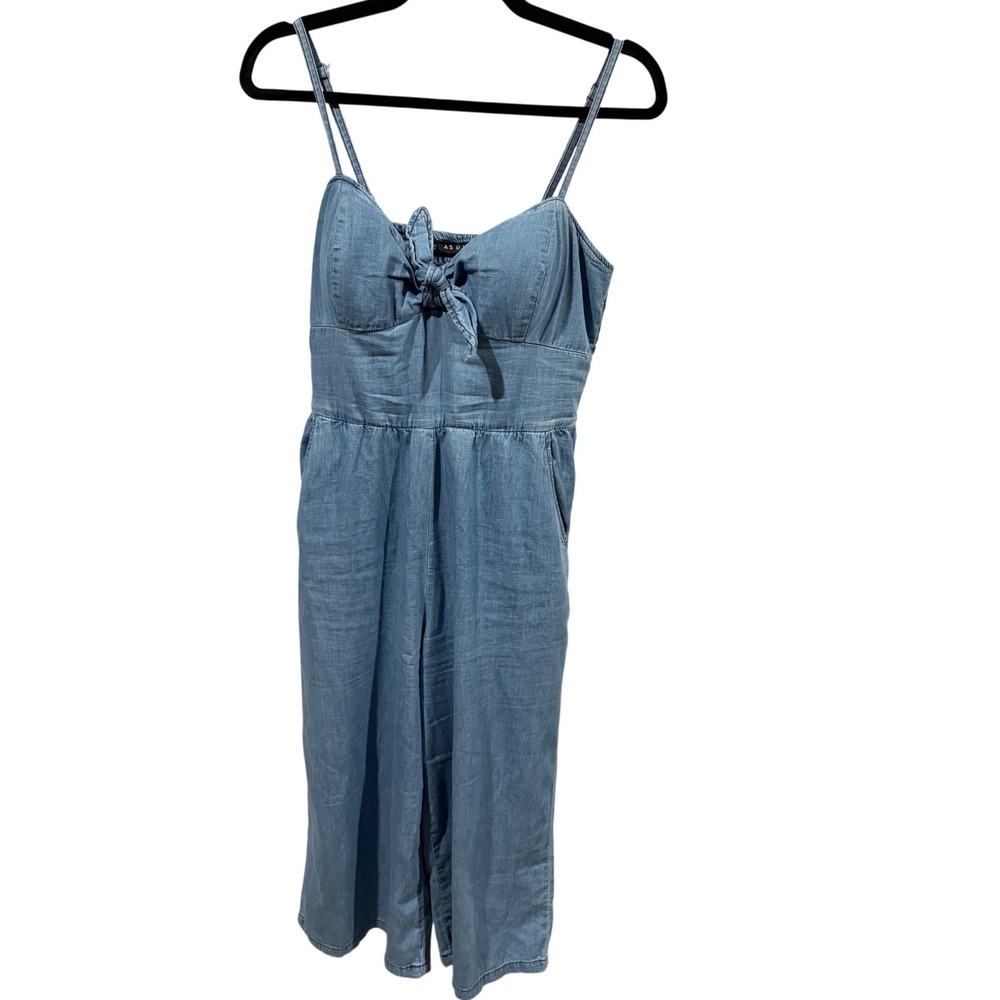 As U Wish‎ Women Light Blue Cotton Chambray Tie Front Wide Leg Jumpsuit Medium